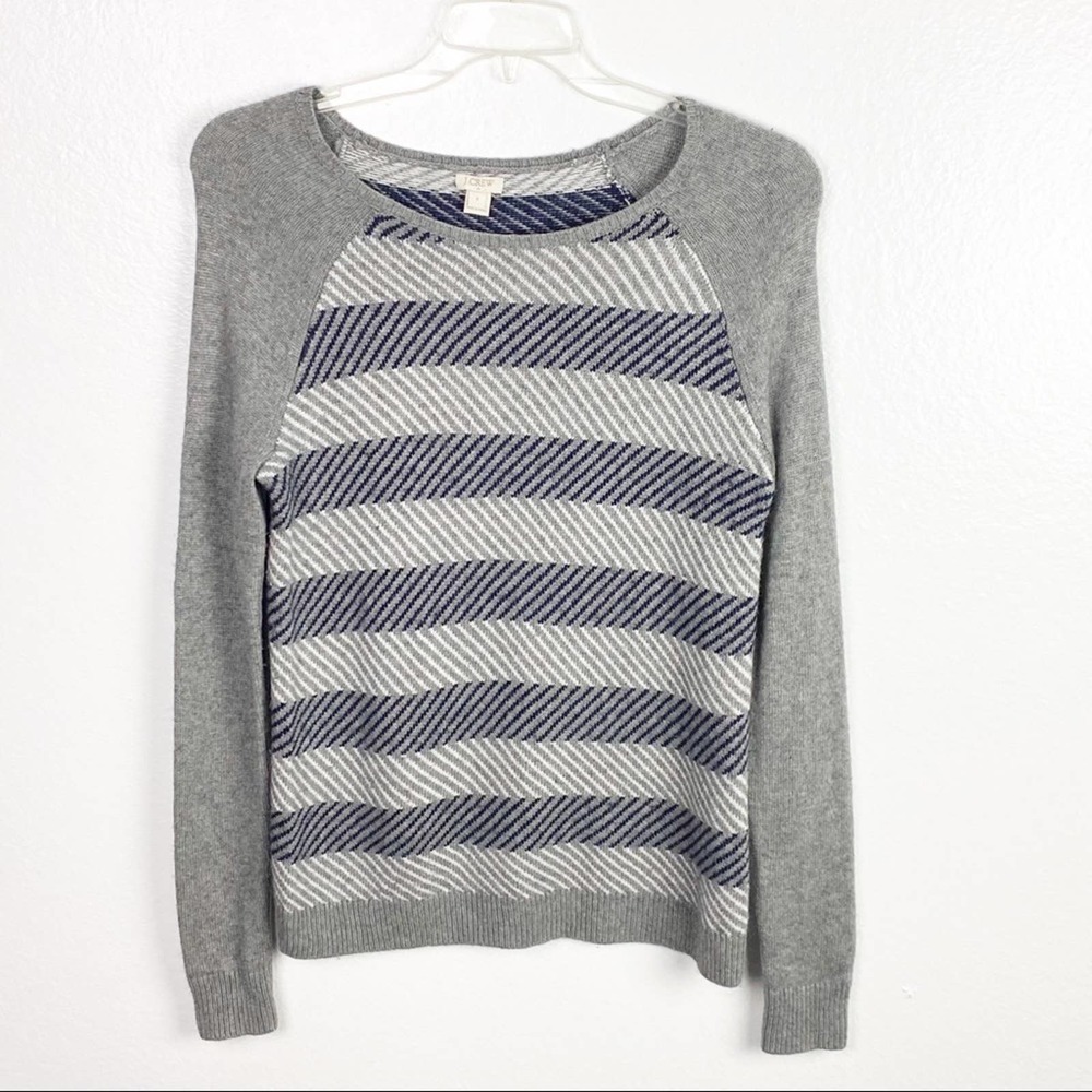 J. CREW FACTORY Gray Striped Merino Wool Blend Long Sleeves Sweater Small Preppy